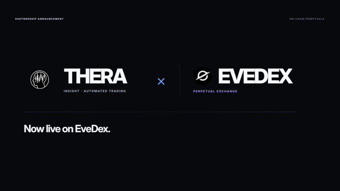 The image is a partnership announcement graphic with a black background, displaying the logos and names "THERA INSIGHT • AUTOMATED TRADING" and "EVEDEX PERPETUAL EXCHANGE" separated by an "x" symbol. The text "Now live on EveDex." appears below, along with labels "PARTNERSHIP ANNOUNCEMENT" and "ON-CHAIN PERPETUALS" at the top, visually reinforcing the post's announcement of CryptoTherapy's integration into the EVEDEX ecosystem for automated perpetual trading.