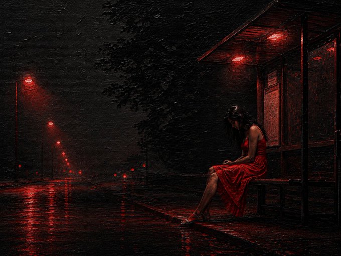 A moody, dark painting depicting a woman in a red dress sitting alone at a red-lit bus stop at night, with wet pavement reflecting the glow of street lamps along a lonely road.