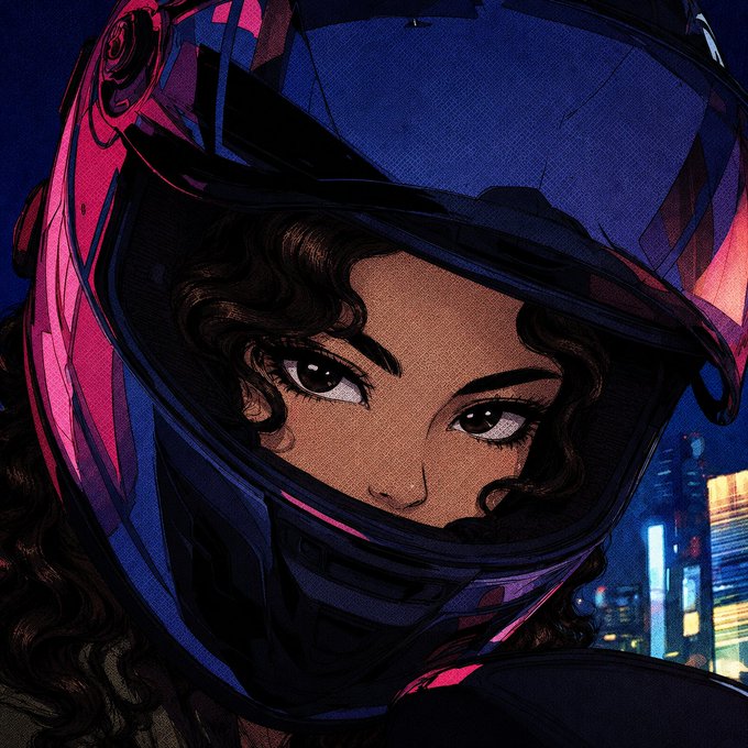 Stylized illustration of a woman with curly hair wearing a futuristic blue and pink motorcycle helmet, set against a neon-lit cityscape background.