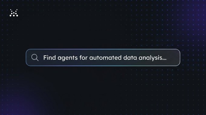 A dark blue dotted interface featuring a search bar with the text 'Find agents for automated data analysis...'