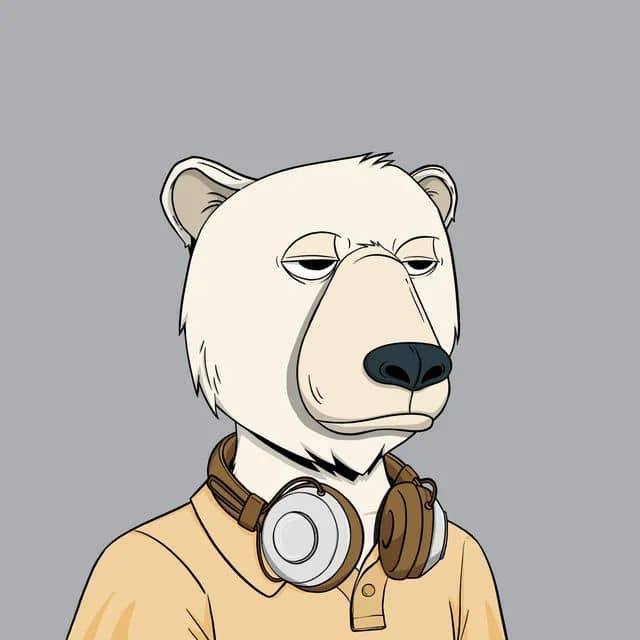 A digital illustration of a white bear with a bored expression, wearing brown and silver headphones around its neck and a tan polo shirt, set against a gray background.