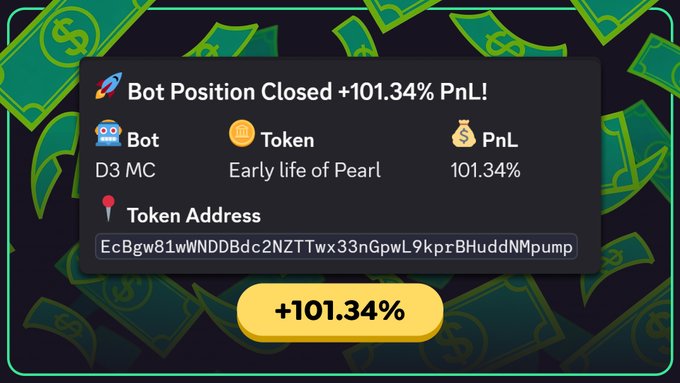 A trading bot notification card displays a closed position with a +101.34% PnL achieved by the "D3 MC" bot on the token "Early life of Pearl" (address: EcBgw81wWNDBdc2NZT7wx33nGpwL9kprBHuddNMpump), highlighting the successful 100%+ trade mentioned in the accompanying post about D3 MC and the Fat/Fatty trading bot.