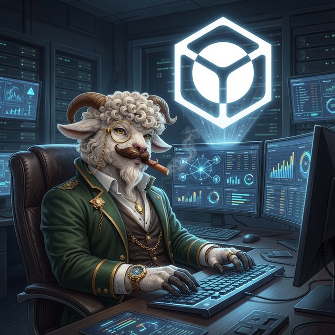 A digital illustration depicts an anthropomorphic ram with a mustache and monocle, dressed in a formal green suit, working at a computer terminal with data screens and a glowing geometric logo in the background.