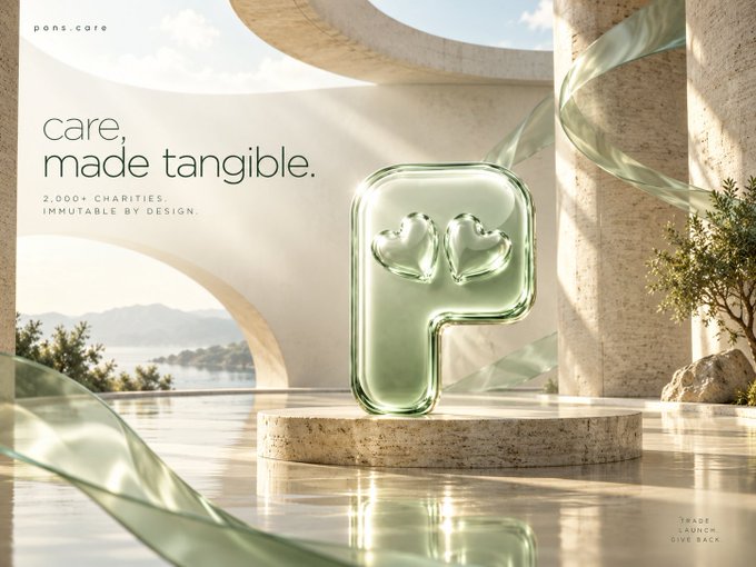 Advertisement for 'pons.care' with the tagline 'care, made tangible' and '2,000+ CHARITIES IMMUTABLE BY DESIGN,' showing a green stylized 'P' logo on a stone pedestal in an architectural setting.