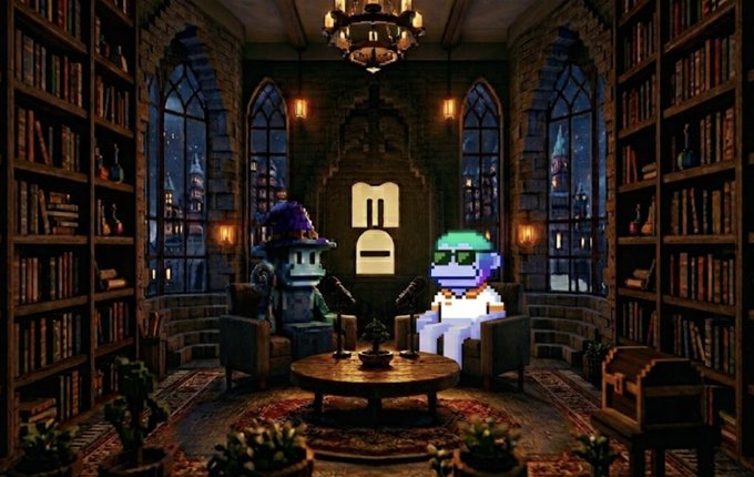 A pixel-art scene shows two characters sitting in armchairs within a gothic-style library at night, with a chandelier hanging above and an illuminated 'm' symbol on the back wall.