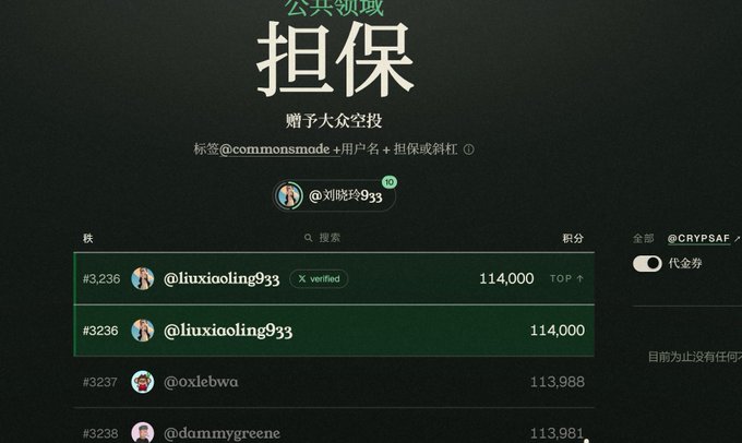 Screenshot of a Chinese-language public voting/betting interface titled "公共领域担保" showing a leaderboard with @liuxiaoling933 at #3,236 with 114,000 points.