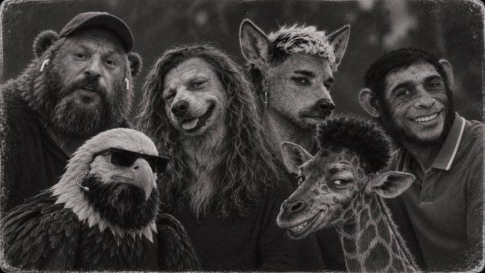A black and white photograph showing five people with digitally added animal heads including a bear, dog, llama, eagle, and giraffe, with the rightmost person showing their actual smiling face.