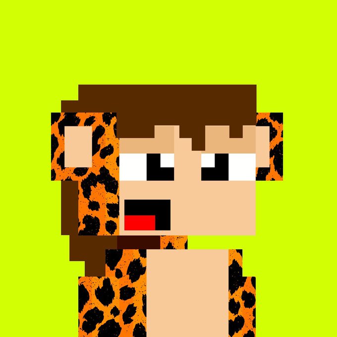A pixelated character with leopard-print ears and fur, wide eyes, and an open mouth appears shocked against a green background, illustrating the post's warning about the @SavageApes project being a scam that rugged their collection before relaunching identical items.
