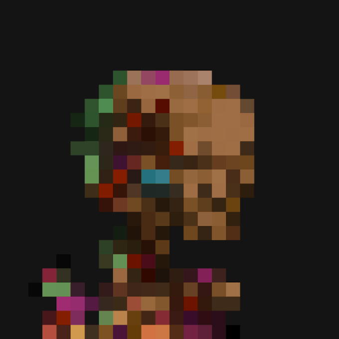 A heavily pixelated, low-resolution image showing a figure with green hair and brownish tones against a black background.