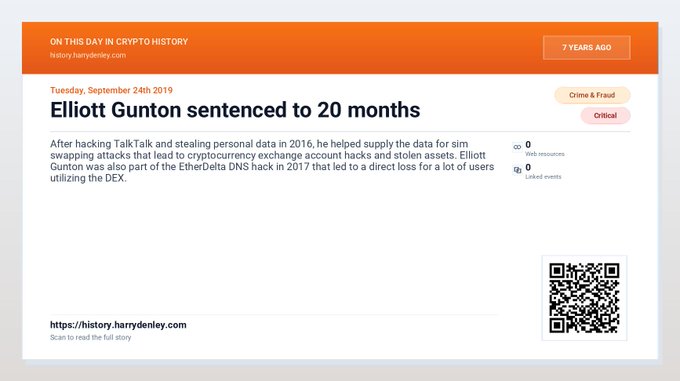 An article from history.harrydenley.com titled 'Elliott Gunton sentenced to 20 months' from September 24th, 2019, detailing his involvement in the TalkTalk hack and EtherDelta DNS hack for SIM-swapping attacks.