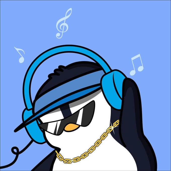 A cartoon penguin character wearing blue headphones, sunglasses, a blue visor, and a gold chain, with musical notes floating around it.