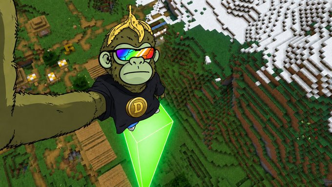 A composite image of a cartoon monkey wearing rainbow sunglasses and a 'D' Dogecoin medallion, riding a glowing green diamond, set against a Minecraft-style pixelated landscape.
