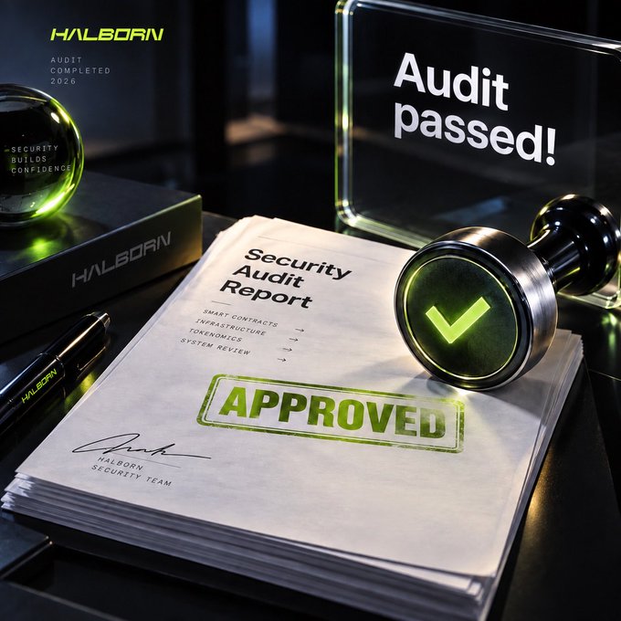 A Halborn "Audit passed!" commemorative display featuring a stamped Security Audit Report with an "APPROVED" mark, accompanied by a glass block, glowing green orbs, and a stamp tool. The image visually reinforces the milestone of 1winToken successfully completing its first security audit by Halborn Security in 2026 with zero critical or high-severity findings.