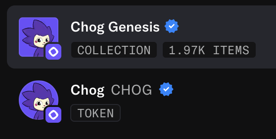 The image shows two OpenSea verified profiles for "Chog Genesis" (a collection with 1.97K items) and "Chog CHOG" (a token), both featuring the same purple cartoon character logo. This visually confirms the post's message that the project's collection and token have been officially verified on OpenSea, as indicated by the blue checkmarks next to each name.