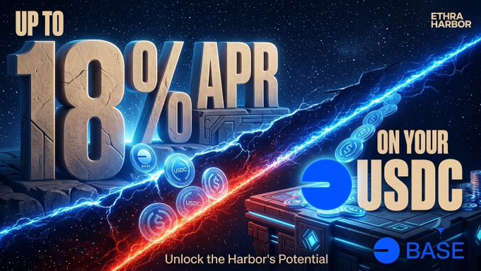 A promotional banner for Ethra Harbor offering up to 18% APR on USDC, featuring lightning effects and a treasure chest on the Base blockchain.