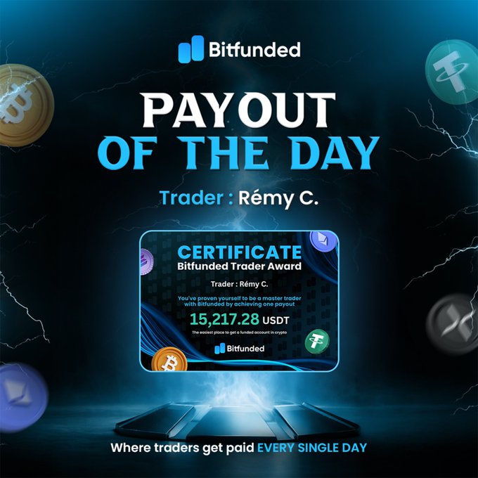 A Bitfunded "Payout of the Day" promotional graphic celebrating trader Rémy C.'s $15,217.28 USDT payout certificate, featuring a dark, lightning-filled background with floating crypto coins and the tagline "Where traders get paid EVERY SINGLE DAY."