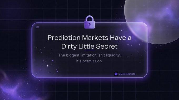 A purple-themed graphic with a padlock icon reading 'Prediction Markets Have a Dirty Little Secret — The biggest limitation isn't liquidity. It's permission,' credited to @MeiMeiMarkets.