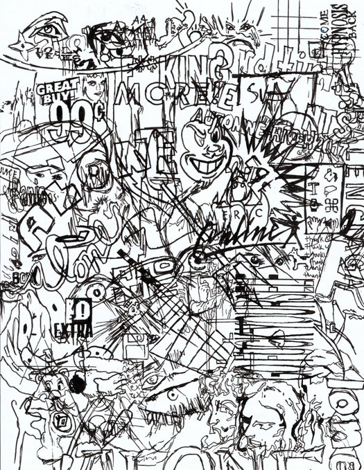 A dense black-and-white sketch or collage filled with various overlapping doodles, cartoon faces, and text fragments including 'KING', 'GREAT BUY', 'M CREWE', and 'COMPOSITES'.