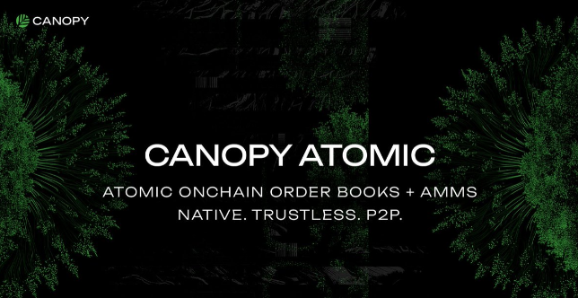 A promotional banner for "CANOPY ATOMIC" featuring green tree silhouettes framing the text "ATOMIC ONCHAIN ORDER BOOKS + AMMS" with the tagline "NATIVE. TRUSTLESS. P2P." on a dark background, supporting a post praising Canopy Atomic by @CNPYNetwork for its no-bridge cross-chain swapping capabilities that reduce friction in the Web3 user experience.