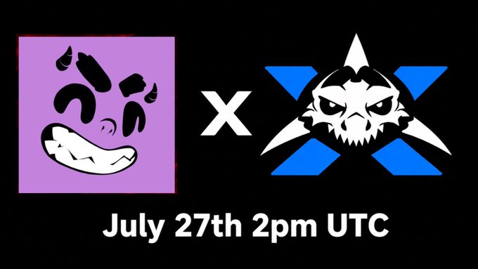 A promotional graphic on a black background featuring two cartoon logos—a purple dog face and a blue horned creature—separated by an "X," with the text "July 27th 2pm UTC" below.