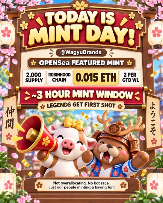 A vibrant promotional poster for a 'TODAY IS MINT DAY!' event for @WagyuBrands, advertising an OpenSea featured mint on the Robinhood Chain with details: 2,000 supply, 0.015 ETH price, ~3 hour mint window, and 2 per GTD WL, featuring cute cartoon characters including a pig with a megaphone and a tanuki warrior.