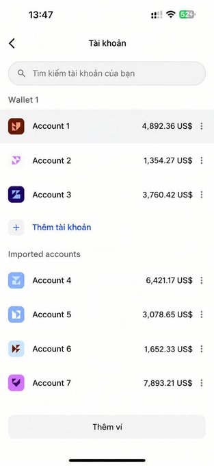 A mobile wallet app screen titled "Tài khoản" (Accounts) displays seven accounts split into "Wallet 1" and "Imported accounts," with balances ranging from $1,354.27 to $7,893.21 US$ — totaling roughly $28,238.33 across all accounts. The caption "All talk, no money" ironically contrasts with the image, which actually shows multiple accounts holding tens of thousands of dollars, suggesting the speaker does, in fact, have funds despite the claim.