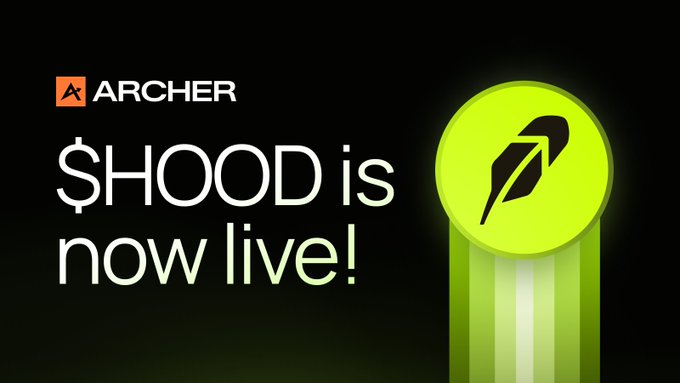 The image is a promotional graphic with a black background featuring the Archer logo (orange square with a white "A") and the text "$HOOD is now live!" in white. On the right is a bright green circular token icon with a black feather symbol, visually representing the launch of the $HOOD token on the Archer platform via Solana, as mentioned in the post.