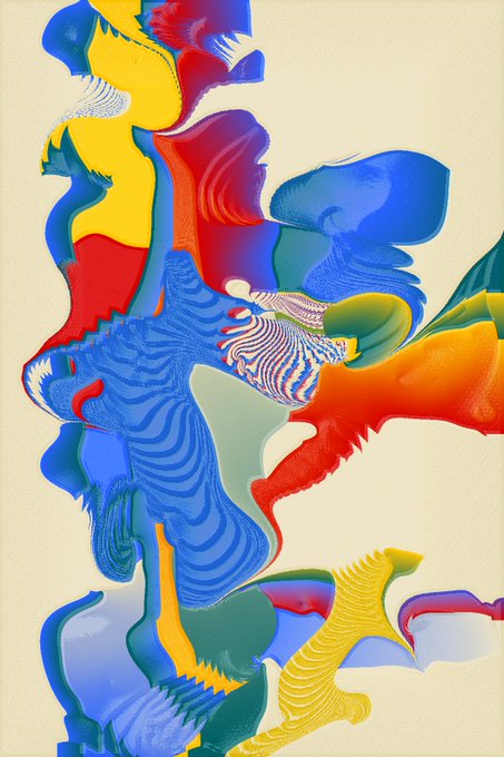An abstract digital artwork featuring flowing, fluid-like shapes in vibrant red, blue, yellow, and green colors on a cream background.