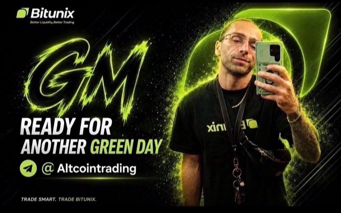 Bitunix ad with a man taking a selfie, branded with 'GM READY FOR ANOTHER GREEN DAY' and Telegram handle @Altcointrading.