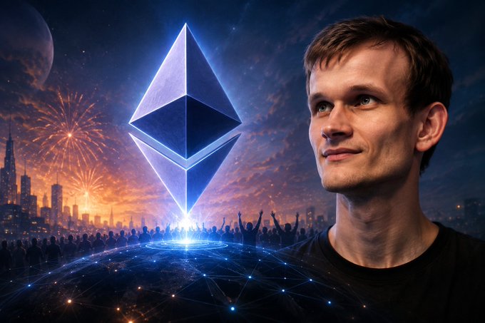 A digital artwork showing a young man on the right side of the frame, with the Ethereum logo and a futuristic cityscape with fireworks on the left.