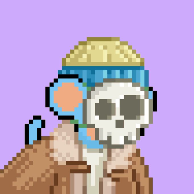 A pixel art illustration on a purple backdrop depicts a skeleton figure wearing a straw hat, blue headwear with ear covers, and a brown jacket.