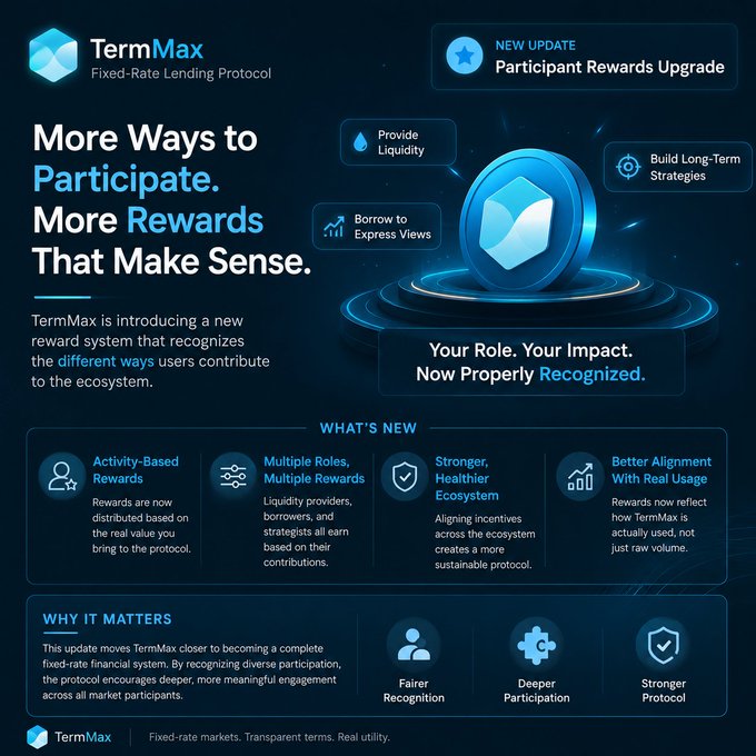 A promotional graphic for TermMax Fixed-Rate Lending Protocol announcing 'More Ways to Participate. More Rewards That Make Sense.' with a 'New Update: Participant Rewards Upgrade' banner.