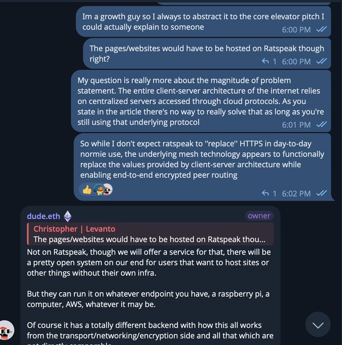 A Discord conversation where "dude.eth" explains that Ratspeak is not a web hosting protocol but rather an underlying mesh technology that replaces client-server architecture with peer-to-peer encrypted routing, clarifying that pages can be hosted on any endpoint (Raspberry Pi, AWS, etc.) using the Ratspeak protocol rather than traditional HTTPS infrastructure.