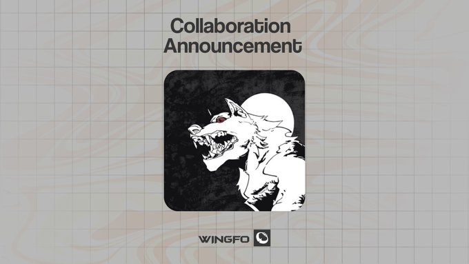 A "Collaboration Announcement" graphic featuring a snarling white wolf/werewolf illustration against a black background with a moon, branded with the "WINGFO" logo at the bottom. The image promotes a partnership between Wingfo and Fangonchain for a Genesis NFT collection of 5,000 pieces with DeFi utility.
