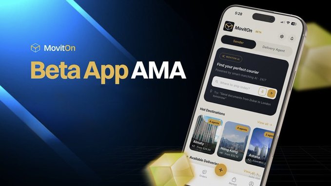 A promotional graphic for "MovitOn Beta App AMA" featuring a smartphone mockup displaying the courier/delivery app interface with destinations like Hong Kong, Astana, and Almaty.
