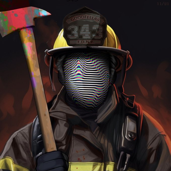 A digital illustration depicts a firefighter in an FDNY 'Goodfellas 343' helmet, with their face obscured by a wavy distortion effect, holding an axe against a fiery background.