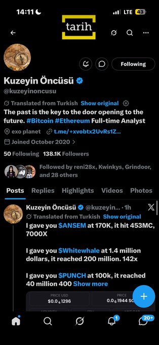 A Twitter/X profile page for Kuzey, who is described as 'The past is the key to the door opening to the future' and a Full-time Analyst for #Bitcoin #Ethereum, with a recent post about the tokens $ANSEM, $Whitewhale, and $SPUNCH.