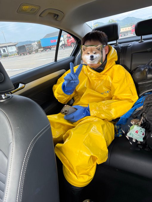 A person in a yellow hazmat suit and blue gloves sits in the back of a car, holding a phone and flashing a peace sign, with a digital Shiba Inu face covering their own. A Bulbasaur plush keychain hangs nearby, playfully fitting the "Be a Hazmat Little Stinky Dog for a Day" challenge by blending hazmat gear with a cute dog filter.