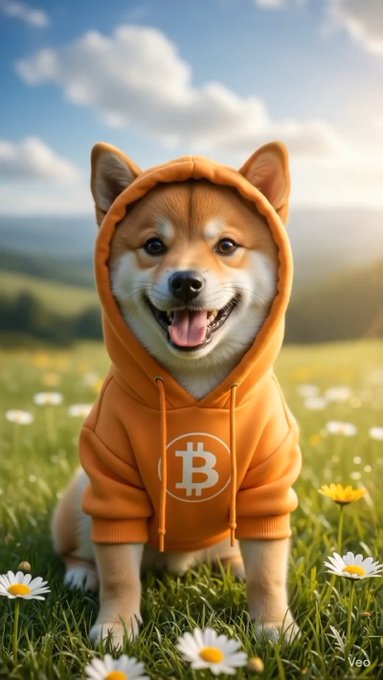 A Shiba Inu dog wearing an orange Bitcoin (₿) hoodie sits smiling in a field of daisies under a partly cloudy sky.