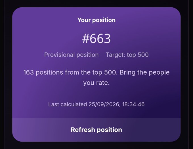 A purple app screen showing "Your position #663" with the message "163 positions from the top 500. Bring the people you rate," last calculated on 25/09/2026.