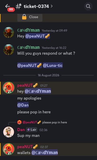 A Discord chat interface showing a support ticket conversation between users 'peaNUT', 'CaNdYman', and 'Dan', discussing wallets and apology messages.