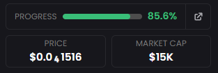 A cryptocurrency dashboard displays a token at 85.6% bonding curve progress with a $15K market cap and a price of $0.0₄1516, supporting the post's claim of an early-stage micro-cap gem with potential for significant growth.