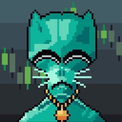 A pixel art image depicts a teal-colored cat character wearing a gold chain necklace, set against a background of green and gray candlestick charts.