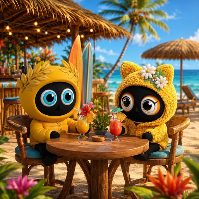 Two cute Youkie mascot characters in fuzzy yellow hoodies sit at a tropical beachside bar, clinking tropical drinks together with surfboards and palm trees in the background.

The image captures the relaxed weekend vibe described in the post, with the two characters enjoying a beach bar meetup—visually representing the casual "date" between the poster and @ItsNessaOnX to chat about the $QUIP network.