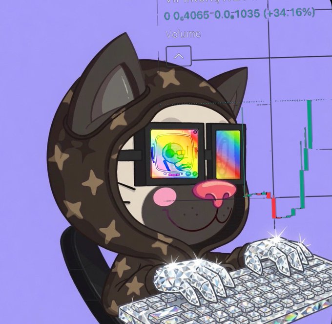 An illustrated dog-like character in a star-patterned hood and diamond-encrusted sunglasses and claws types on a diamond keyboard, with a Solana trading chart in the background.