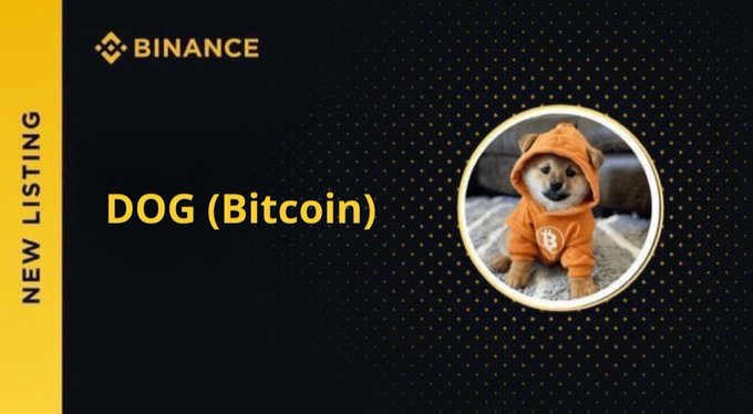 Binance new listing announcement banner featuring DOG (Bitcoin) with an image of a Shiba Inu dog wearing an orange Bitcoin hoodie.