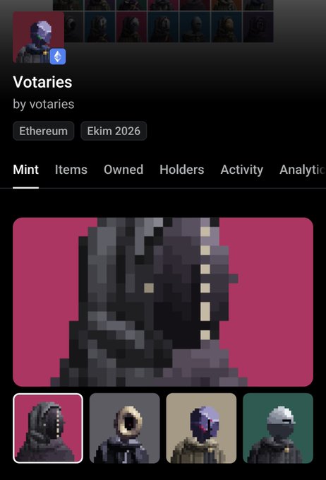 A dark NFT collection page titled “Votaries” shows the creator “by votaries,” tags “Ethereum” and “Ekim 2026,” tabs including “Mint,” “Items,” and “Owned,” and a pixel-art helmet displayed above a row of collectible thumbnails.