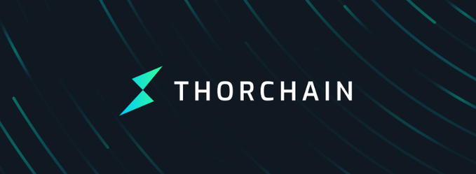 The image displays the THORChain logo, featuring a teal triangular emblem alongside the "THORCHAIN" name on a dark background with flowing teal lines, visually reinforcing the post's mention of THORChain being used by hackers from the Bitget hack to swap ETH and BNB for BTC.