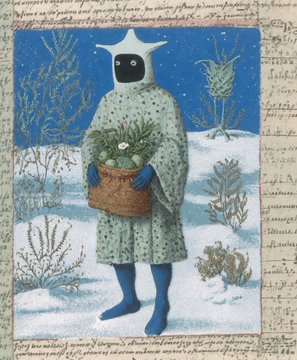 A medieval-style manuscript illustration of a figure in a white robe and blue hood holding a basket of plants in a snowy landscape with a blue starry sky.