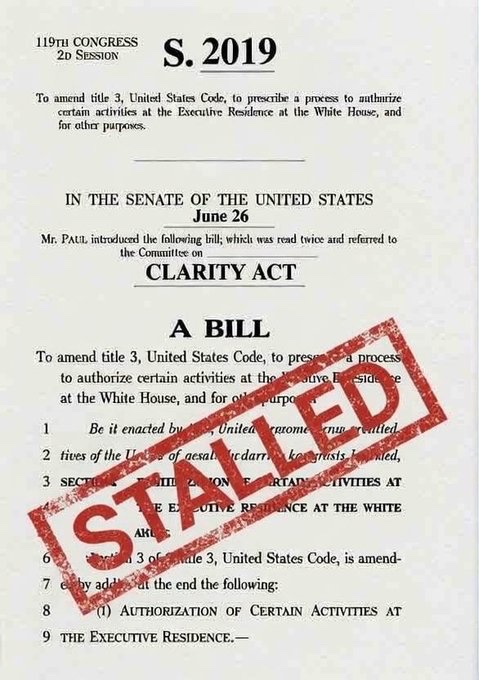 A Senate bill (S. 2019) introduced by Mr. Paul on June 26 during the 119th Congress's 2nd Session, labeled the "CLARITY Act," is shown stamped as "STOPPED," symbolizing the bill's delay. The caption reflects the image's connection to the post about the U.S. Senate postponing its vote on the CLARITY Act until September, a setback for the crypto market.